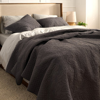 Dark Charcoal Embossed Quilt Set