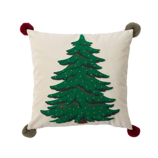 Classic Christmas Tree Throw Pillow Set Embroidered Holiday Design with Pom Pom Accents