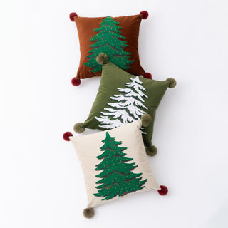 Classic Christmas Tree Throw Pillow Set Embroidered Holiday Design with Pom Pom Accents