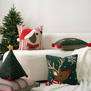 Corduroy Christmas Star Pillow with Pompoms Festive Holiday Decor