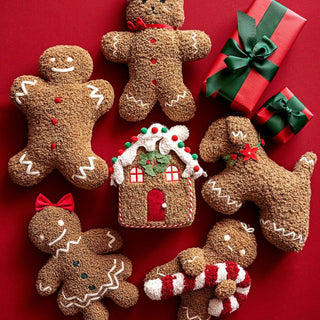 Cozy Gingerbread House Pillow with Candy Cane Pom-Pom Gumdrops and Holiday Accents