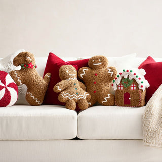 Cozy Gingerbread House Pillow with Candy Cane Pom-Pom Gumdrops and Holiday Accents