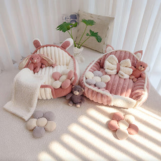 Cream Pink Fluffy Cozy Washable Dog & Cat Sofa Bed