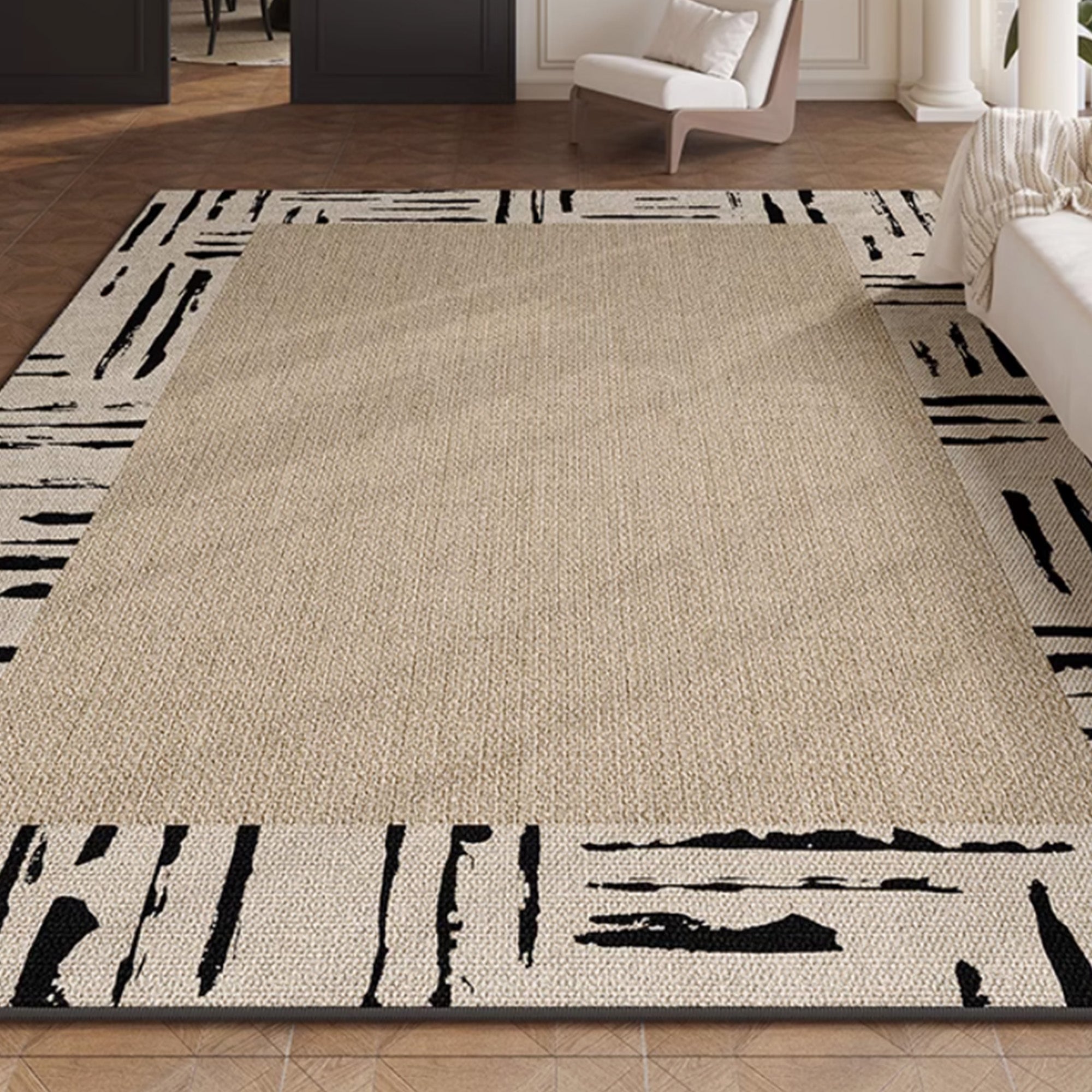 Easy Clean Rug Abstract Border Spillproof Pet-Friendly Modern