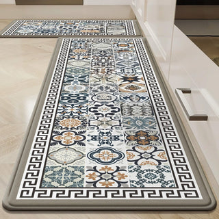 Easy Clean Rug Mediterranean Tile Pattern Durable Non-Slip Pet-Friendly Boho Style Hallway Runner Rug