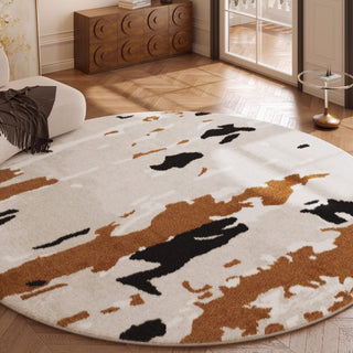 Easy Clean Rug Modern Cowhide-Inspired Round Spillproof Pet-Friendly Minimalist Living Room Round Rug