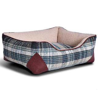 Square Vintage Plaid Faux Sherpa PU Leather Dog & Cat Bed