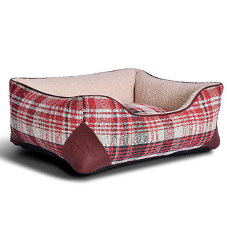 Square Vintage Plaid Faux Sherpa PU Leather Dog & Cat Bed