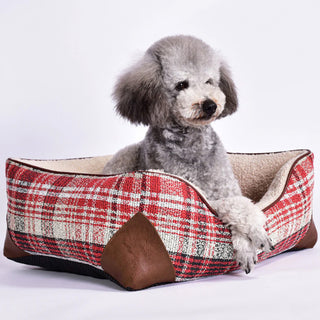 Square Vintage Plaid Faux Sherpa PU Leather Dog & Cat Bed